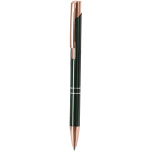 A metal pen with a dark green body and rose gold accents, featuring a clip and a decorative band.