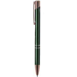A green metal pen with a rose gold clip and accents, featuring a branding logo.