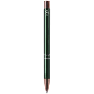 A dark green metal pen with a rose gold tip and a logo near the top.