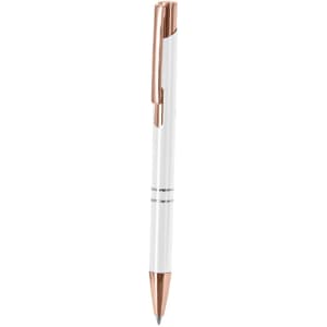 A metal pen in white with rose gold accents and a sleek design, featuring a logo on the body.