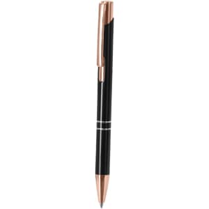 A metal pen featuring a black body and rose gold accents, complete with a branding logo.