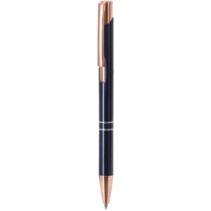 A metal pen featuring a navy blue body and rose gold accents, with a branding logo on the barrel.