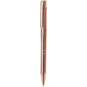 A metal pen in a polished rose gold finish, featuring a sleek design and a clip. Includes branding on the side.