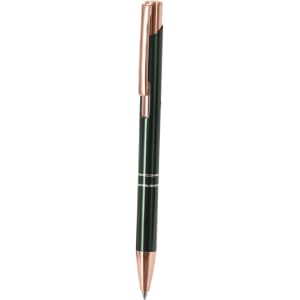 A metal pen in dark green with a rose gold clip and accent detailing. Features a small logo.