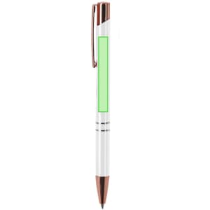 A metal pen with a white body and rose gold accents, featuring a blank green section.