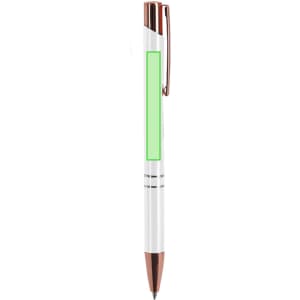 A metal pen in white and rose gold with a sleek design and a clip for easy attachment. It features a logo.