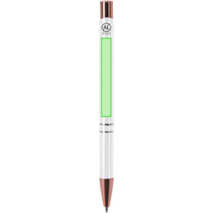 A metal pen in white and rose gold with a green accent and a logo on the upper part.