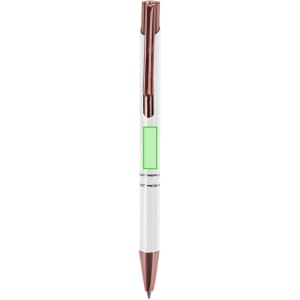A metal pen featuring a white body with a rose gold clip, and a blank green area.