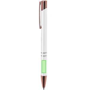 A metal pen in white and rose gold, featuring a simple design and a green accent area.