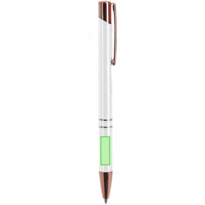 A metal pen with a white body and rose gold accents, featuring a green section for branding.