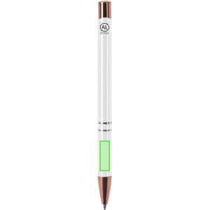 A metal pen with a white body and rose gold accents, featuring a green section and a logo.