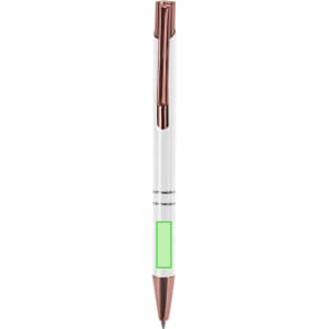 A metal pen with a white barrel, rose gold accents, and a green section. The pen features a clip and a branding logo.
