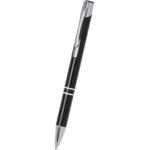 A metal pen in black with silver accents and a clip, featuring a sleek design and a branding logo.
