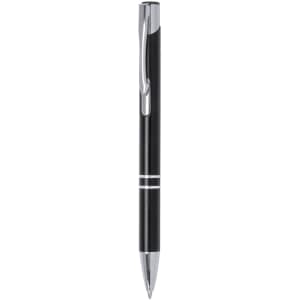 A metal pen in black with chrome accents and a sleek design. It features a clip and a branding logo.
