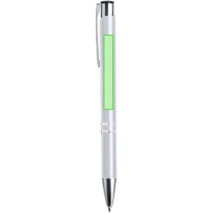 A metal pen featuring a sleek white body, a green highlight, and a clip for convenience.