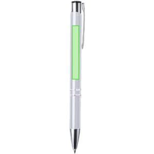 A metal pen with a sleek silver body and a bright green accent, featuring a clip and a chrome tip.