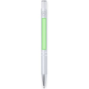 A metal pen in white with a green accent and a logo on the upper part.