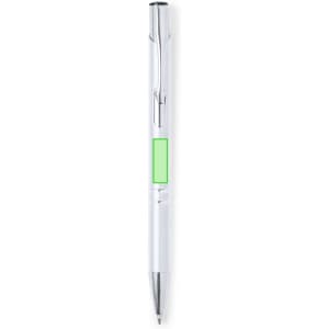A metal pen in white with a green accent and a clip, featuring a sleek design and a brand logo.