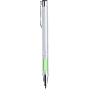 A metal pen in silver with a green accent and a clip, featuring a logo on its body.