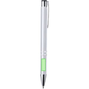 A silver metal pen with a green accent and a clip, featuring a logo on the body.