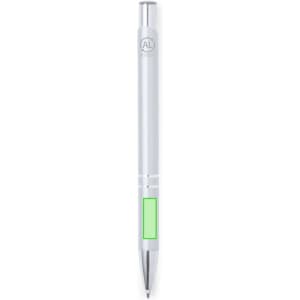 A metal pen in white with silver accents and a green highlighting area. The pen features a logo.