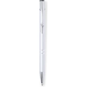 A metal pen in white with silver accents, featuring a clip and sleek design. It has a logo on the barrel.