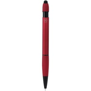 A red stylus touch ball pen featuring a textured grip and a black nib, with a logo on the body.