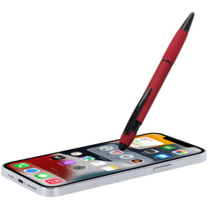 A red Turbom Stylus Touch Ball Pen resting on a smartphone, showcasing its stylus tip and sleek design.