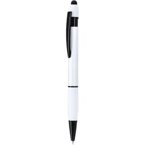 A white ballpoint pen with a black grip and stylus tip, featuring a logo on the barrel.