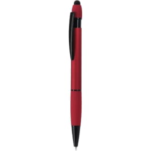A red ballpoint pen with a stylus tip and a black grip, featuring a sleek design and a branding logo.
