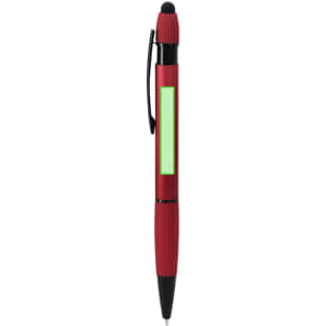 A red stylus touch ball pen featuring a black clip and a green blank area for branding.