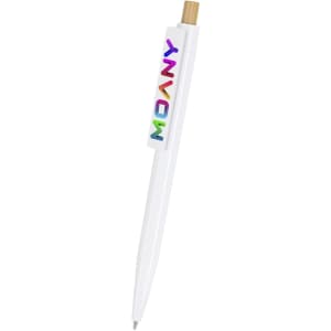 A wooden pen in white with a multicoloured logo on the barrel.