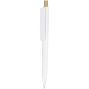 A white wooden pen with a bamboo accent at the top. It features a clip and a smooth writing tip.