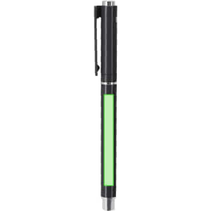 A black wooden pen with a sleek design and a green highlighting section. The pen has a clip and a logo.