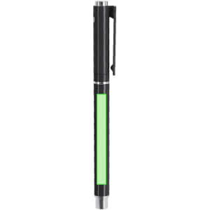 A black wooden pen with a green section and a logo on the body, featuring a clip for easy attachment.