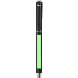 A wooden pen with a sleek black finish and a green accent, featuring a logo.