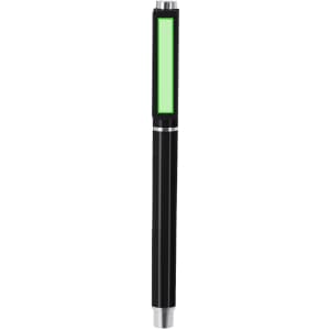 A black wooden pen featuring a green accent and a logo. It has a sleek design for writing.