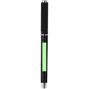 A black wooden pen with a green accent and a shiny silver tip, featuring a logo.