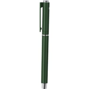 A green roller pen with a sleek design and a clip for easy attachment. The pen features a metallic finish at the tip.