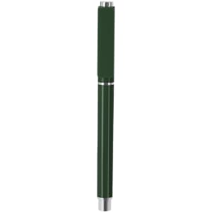 A green roller pen with silver accents and a sleek, minimalist design. The pen has a branded logo at the top.