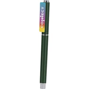 A green pen featuring a silver clip and end, with a colourful tag attached.