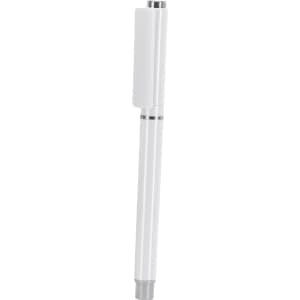 A white pen with a silver clip and a smooth, sleek design, featuring a branding logo.