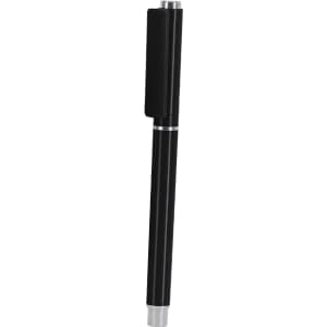 A sleek black pen with a cap, featuring a silver band. The pen has a minimalist design and a logo on it.