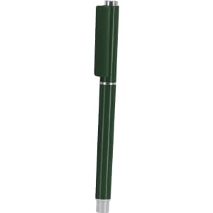 A green pen with a sleek design and a silver accent, featuring a clip for easy attachment.