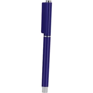 A purple pen with a clip, featuring a sleek design and a shiny finish. The pen has a branding logo.