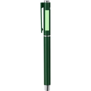 A green pen with a clip and a clear section. It features a sleek design and a shiny finish.