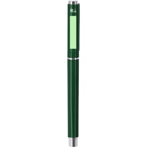 A dark green pen with a smooth finish and a visible branding logo.