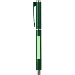 A dark green pen with a clip and a light green accent near the grip. It features a logo on the barrel.