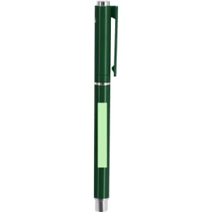 A green pen with a clip and a translucent section, featuring a logo on the body.