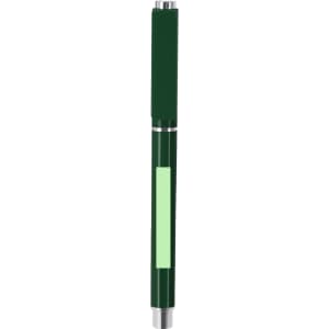 A green roller pen with a silver accent and a logo, featuring a sleek design and a smooth grip.